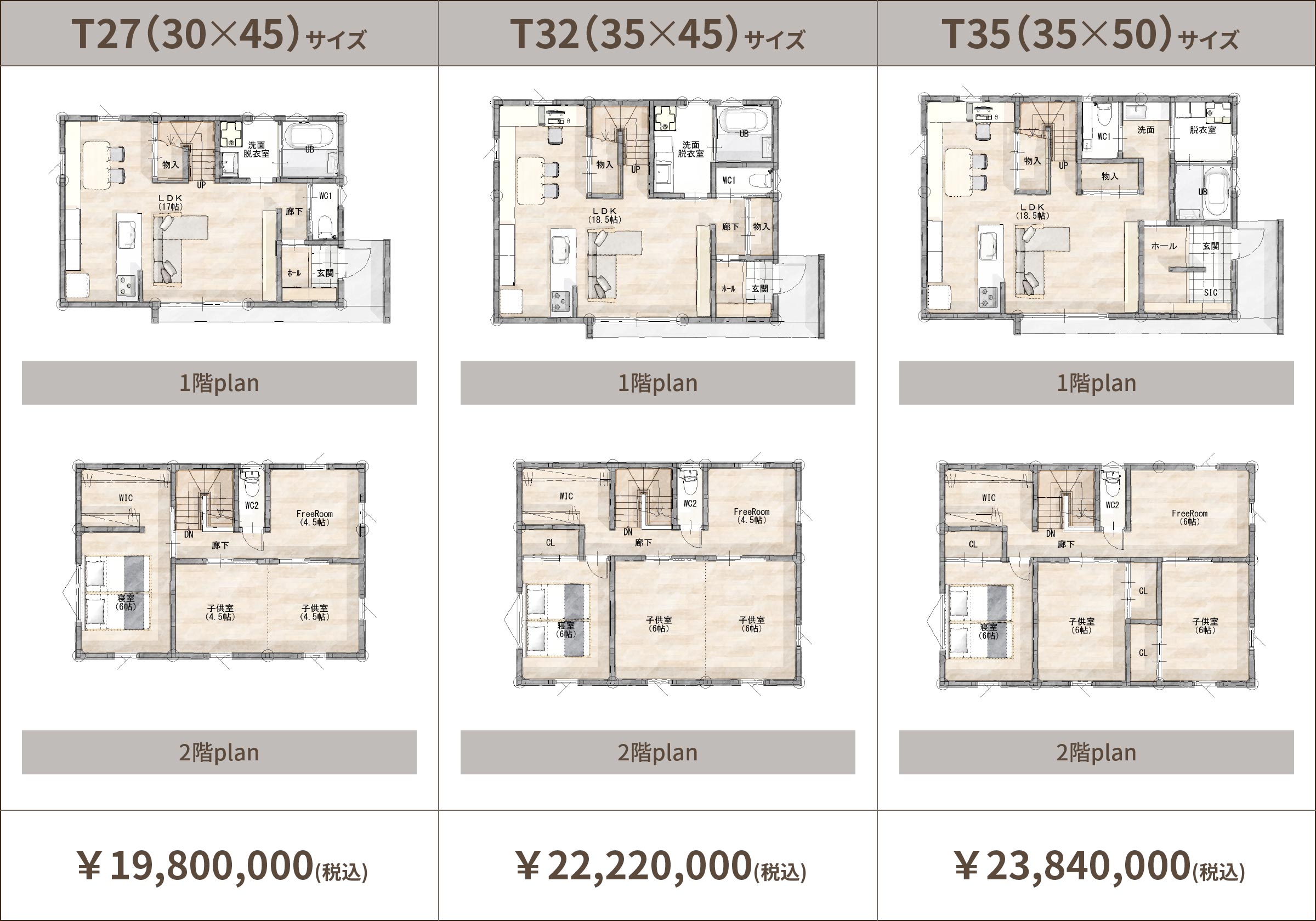 T27（30×45）サイズ：￥19,800,000(税込)、T32（35×45）サイズ：￥22,220,000(税込)、T35（35×50）サイズ：￥23,840,000(税込)